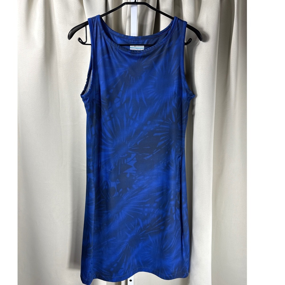 Columbia Womens Blue Tropical Palm Print Sleeveless Tank Dress Medium AK1422